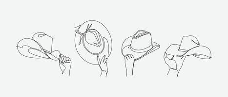 Set of drawing of hands holding cowboy hat in continuous one line drawing style. Western, wild west, fashion concept. Editable line illustration vector
