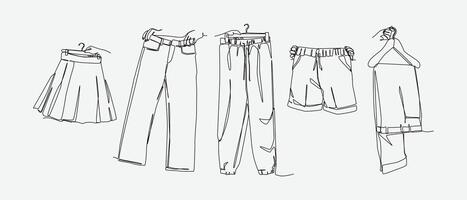 Set of drawing of hands holding skirts, jeans, trousers, shorts, and jogger pants in continuous one line drawing style. Clothing, fashion bottoms concept. Editable line illustration vector