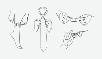 Set of drawing of hands holding sock, tie, belt, and glasses in continuous one line drawing style. Clothing accessories concept. Editable line. illustration vector
