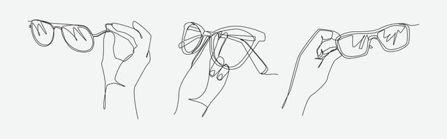 Set of drawing of hands holding different glasses in continuous one line drawing style. Accessory, fashion concept. Editable line illustration vector