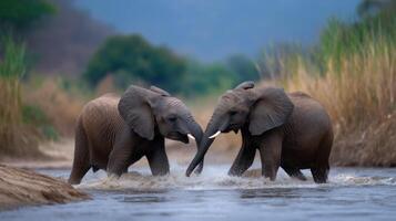 Two young elephants playfully interact in a river a touching wildlife moment symbolizing connection and natures beauty photo