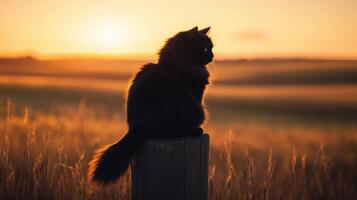 Majestic black cat sits silhouetted against a stunning vibrant sunset in a serene countryside setting photo