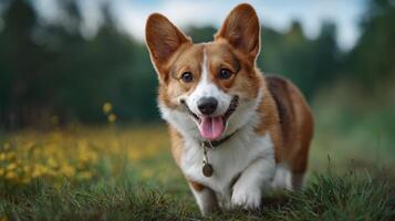 Happy corgi runs through a summer field enjoying life outdoors with a big doggy smile in a natural landscape photo