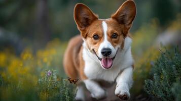 A happy Cardigan Welsh Corgi runs joyfully through a vibrant wildflower field on a sunny day with a monarch butterfly photo