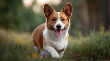 A joyful corgi puppy runs through a sunlit meadow its happy expression and playful energy showcasing authentic pet companionship photo
