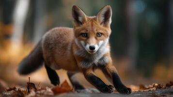 Red fox hunting in autumn forest with soft focus trees and fall leaves creating a beautiful natural scene photo