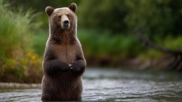 A brown bear standing alert in a river surrounded by green forest showcasing wild animals in their natural habitat photo