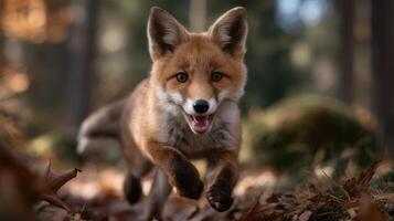 Joyful red fox runs playfully through a colorful autumn forest capturing the essence of wildlife in its natural habitat photo
