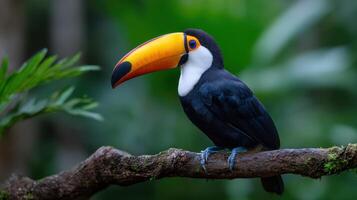 Colorful Toco Toucan perched on a branch in the rainforest wildlife of Brazil animal nature photo
