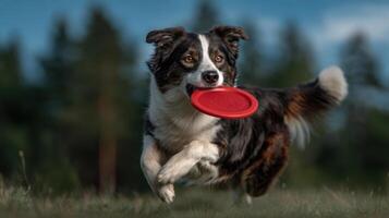 Athletic Border Collie dog runs joyfully across the field with a red frisbee in its mouth on a bright summer day photo