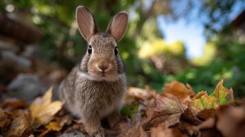 Adorable wild rabbit portrait among autumn leaves capturing the essence of nature and wildlife in a captivating closeup photo