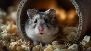 Charming close up showcases a delightful grey and white hamster with an endearing expression looking directly at the camera photo