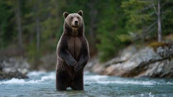Majestic brown bear stands in a river surrounded by a lush forest creating a serene and captivating nature scene photo