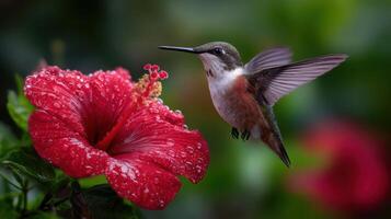 Hummingbird gracefully approaching a vibrant red hibiscus flower in a lush garden capturing beauty of nature and wildlife photo