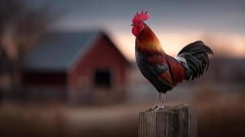 Majestic rooster stands proudly on a weathered wooden post during golden hour with a rustic barn in the blurry background photo