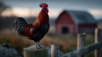 Majestic rooster perched on fence post with a classic red barn in the soft light of the countryside farm at sunset photo