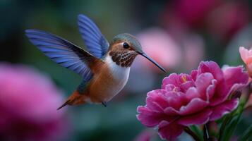 Rufous hummingbird gracefully hovers near vibrant pink peony flowers in a beautiful garden setting with soft focus photo