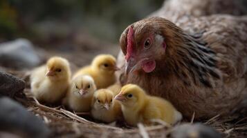 Mother hen tenderly guards her adorable yellow chicks in a nest embodying family and springtime renewal photo