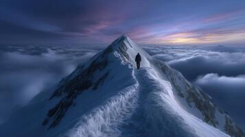 Conquering a snowy mountain peak at dawn with a hiker amid the clouds offering freedom and adventure photo