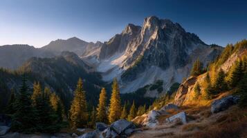 Majestic mountain landscape showcases stunning alpine scenery pristine wilderness and breathtaking panoramic views under clear skies photo
