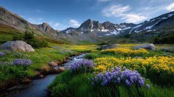 Picturesque mountain landscape featuring colorful wildflowers flowing stream and snow capped peaks offering serenity and natural beauty photo