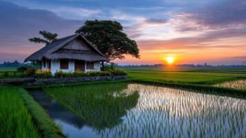 Idyllic Bali sunrise paints rice terraces and a traditional house in a serene rural landscape creating a tranquil travel scene photo