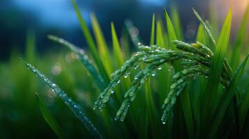 Lush green paddy rice glistens with morning dew in a vibrant agricultural field ready for harvest season photo