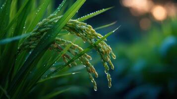 Lush green rice paddy glistens with fresh morning dew in golden light evoking tranquility and agricultural abundance photo