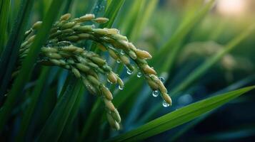 Lush green rice paddy glistens with fresh dew drops offering a peaceful glimpse into the beauty of sustainable agriculture photo