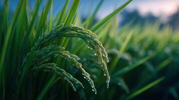 Lush green rice field glows with fresh morning dew reflecting the beauty and bounty of sustainable agriculture photo