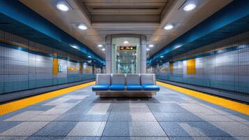 Contemporary subway station with blue seating at a clean urban transit hub for modern public transportation travel photo