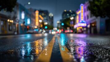 Mesmerizing reflections of city lights on a rain-soaked street create a vibrant and captivating urban night scene photo