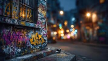 Vibrant graffiti art illuminates a dark urban street with blurred lights casting a dreamy glow on the unique textures photo