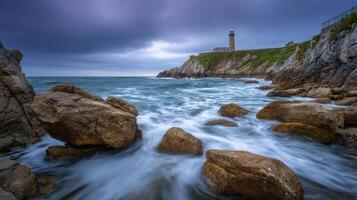 Rugged coastline scenery features a historic lighthouse perched atop a rocky cliff overlooking dynamic ocean waves under a dramatic sky photo