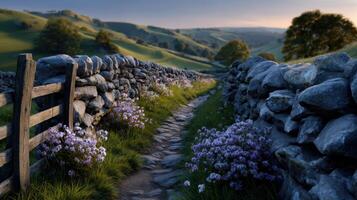 Picturesque countryside path with stone walls wildflowers and green rolling hills under a soft morning light photo