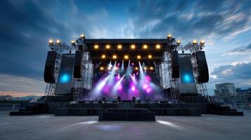 Spectacular concert stage lit with bright spotlights ready for an amazing music event photo