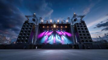 Illuminated concert stage glows at dusk ready for music festival entertainment and bright stage lighting performance photo