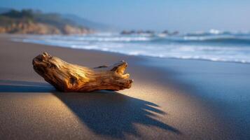 Golden light on driftwood at the beach evokes tranquility and a connection with natures beauty photo