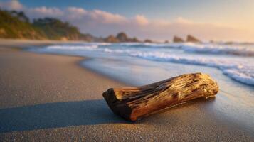 Golden sunlight warms driftwood on a sandy beach at sunset creating a peaceful coastal scene photo
