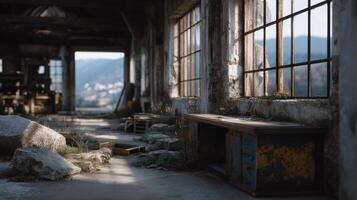 Desolate interior shows ruin decay and sunlight streaming through abandoned building windows casting shadows on an old desk and rubble photo