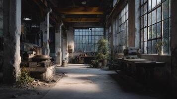 Open airy vintage factory interior with abundant sunlight shining on greenery and machinery evoking a sense of spaciousness and potential photo