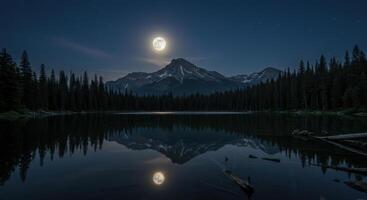 Full moon illuminates snow capped mountain reflected in tranquil lake surrounded by forest under starry night sky photo