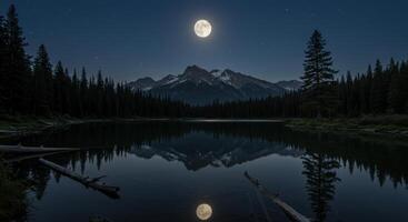 Full moon illuminates a tranquil lake reflecting mountains and starry skies at night creating a serene nature landscape photo