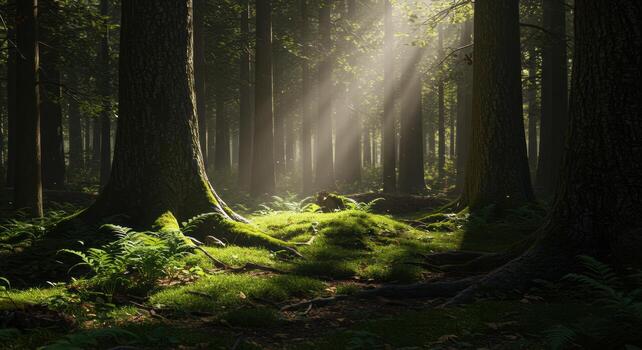 Sunlight streams through tall trees illuminating mossy forest floor creating a serene and magical natural landscape photo