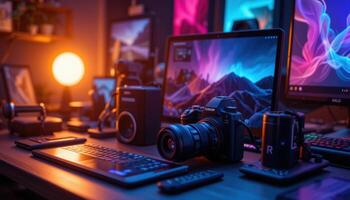 Modern professional workspace featuring camera laptop and audio setup offering a stylish atmosphere for creatives and digital work photo