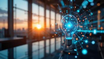 Futuristic glowing lightbulb illuminating innovative technological solutions and interconnected networks against a vibrant sunrise photo
