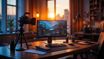 Inviting modern office setup with computer and camera bathed in warm sunset light for creative work and digital media production photo