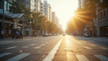 Warm sunlight bathes a bustling city street lined with buildings trees and cars creating an inviting urban scene photo