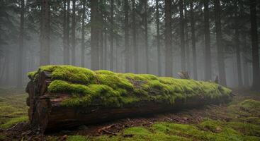Moss covered fallen tree log in a misty forest evoking serenity and the untouched beauty of a peaceful woodland environment photo