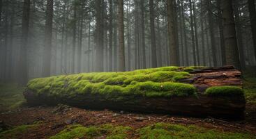 Serene moss covered log in a misty forest landscape embodies natures resilience and beauty photo